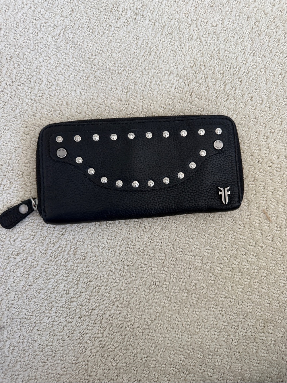 Frye Black Leather Studded Zip Card Wallet